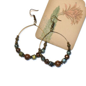 Antique Gold Beaded Hoop Earrings, Gold wire hoop